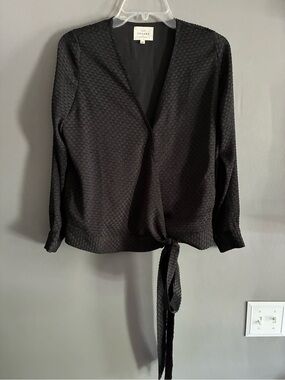 Sezane Black Textured Tie-Front Wrap Top